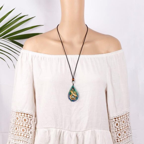 Phoenix Bird Pendant With Natural Agate Stone Necklace Orgone Pendant Rope Chain - Picture 6 of 7